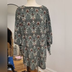 Floral Midi Dress with Tie Sleeves - Black & Brown